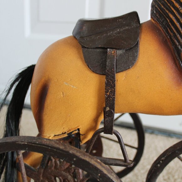 Antique 17.5"Tall x 16" Wood & Cast Iron Leather Saddle Horse Trike - Picture 3 of 16